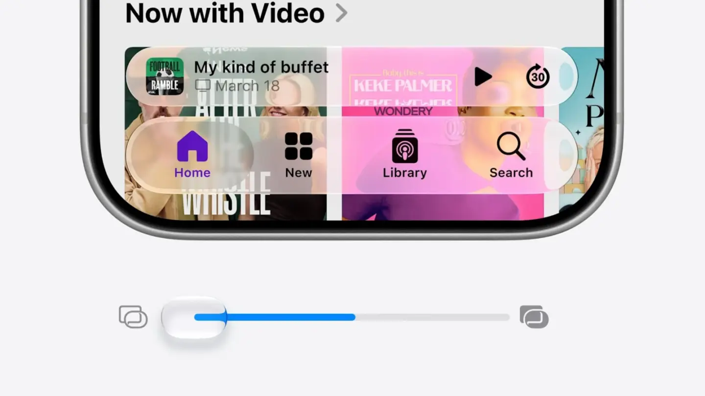 Image from WWDC26 keynote showing bottom of an iPhone, with a new Liquid Glass slider maximizing the glassy effect