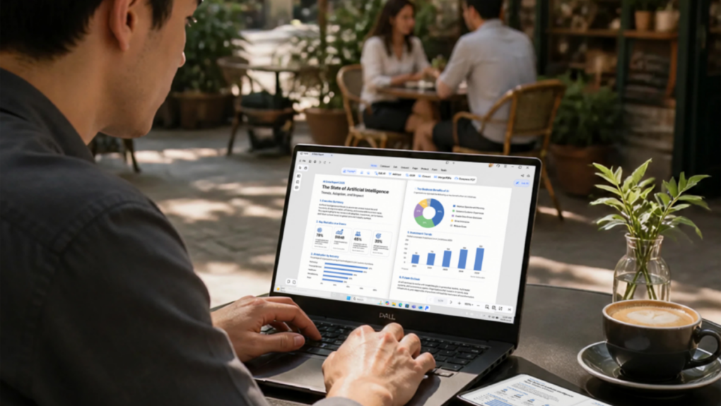 Photo of a man seated on a coffee table at an al-fresco cafe working on a document on his laptop using PDNob Pro PDF Editor
