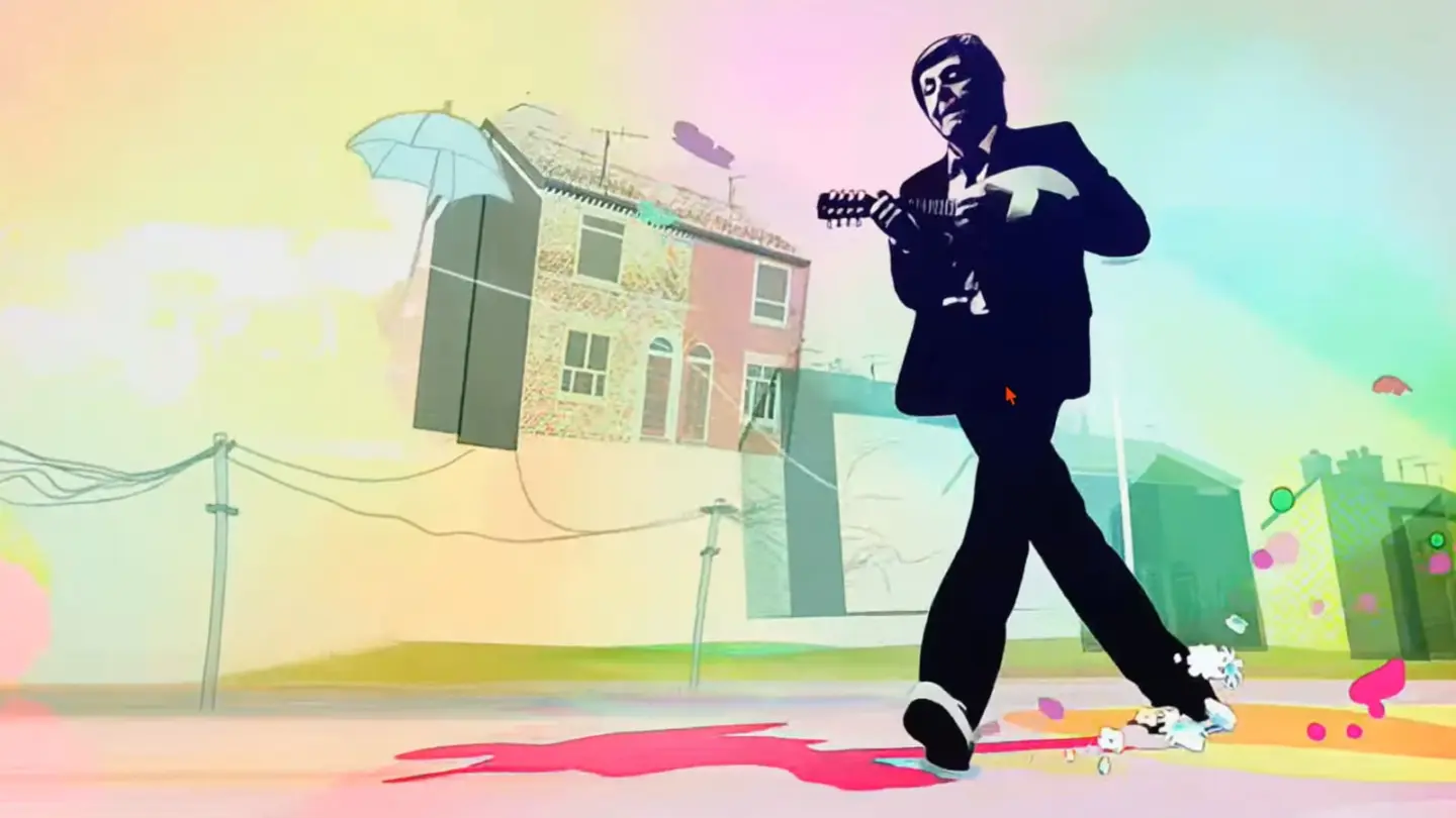 Screenshot from Apple's vividly animated iTunes ad with Paul McCartney performing "Dance Tonight."