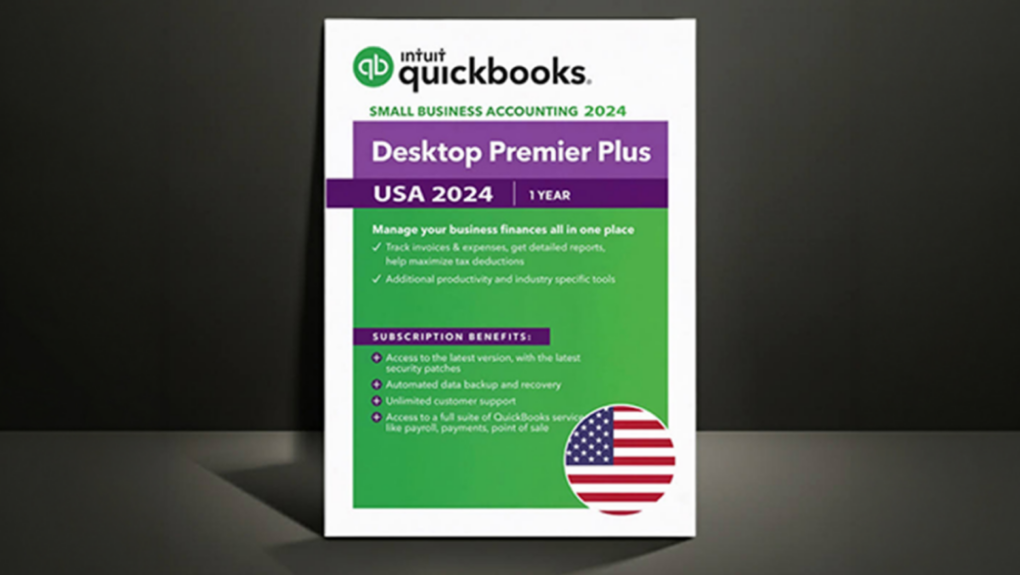 Intuit QuickBooks Premier 2024 deal image with shadow and black background