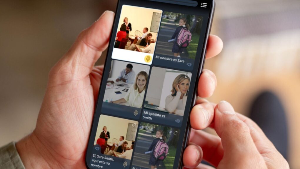 Photo of the Rosetta Stone Sapphire app opened on a mobile phone held by hand