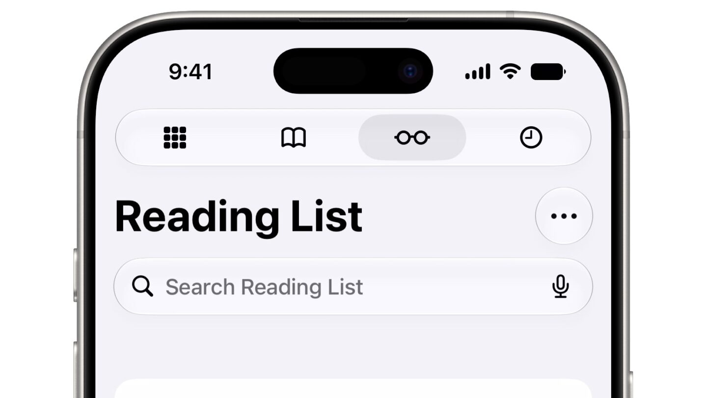 Reading List New Safari start page, with the upper tab bar showing Start, Bookmarks, Reading List and History