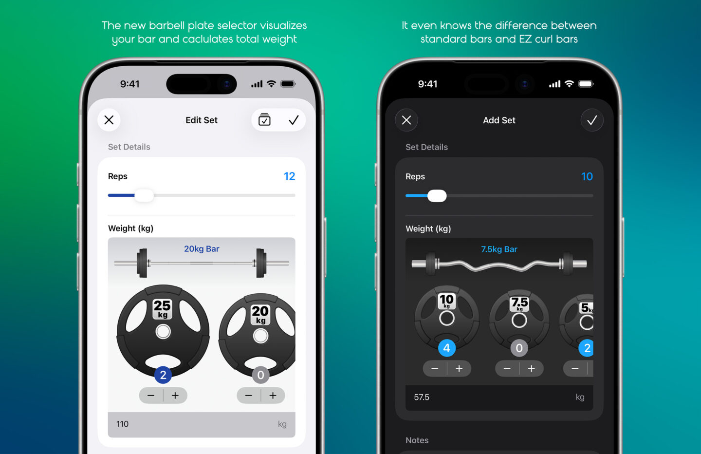 Reps and Sets visual barbell selector Two iPhone screenshots showing the new barbell plate selector that makes it easy to calculate your weight in strength-training app Reps & Sets