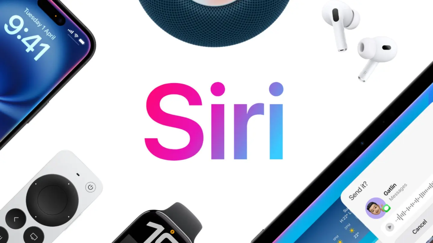 An image with the word "Siri" with several Apple devices, used to illustrate a story about Siri AI break reminders.