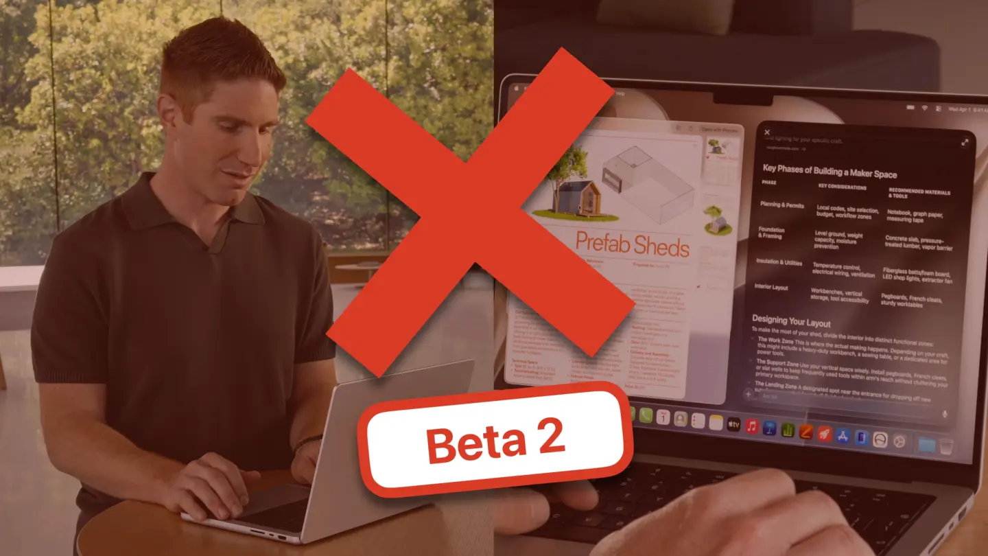 Graphic showing a big X over Siri AI running on the Mac, with a “Beta 2” label.