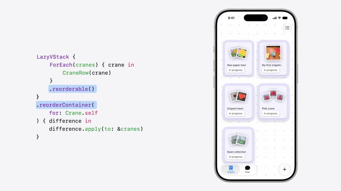 SwiftUI showing a reorder-able grid of items in an app.