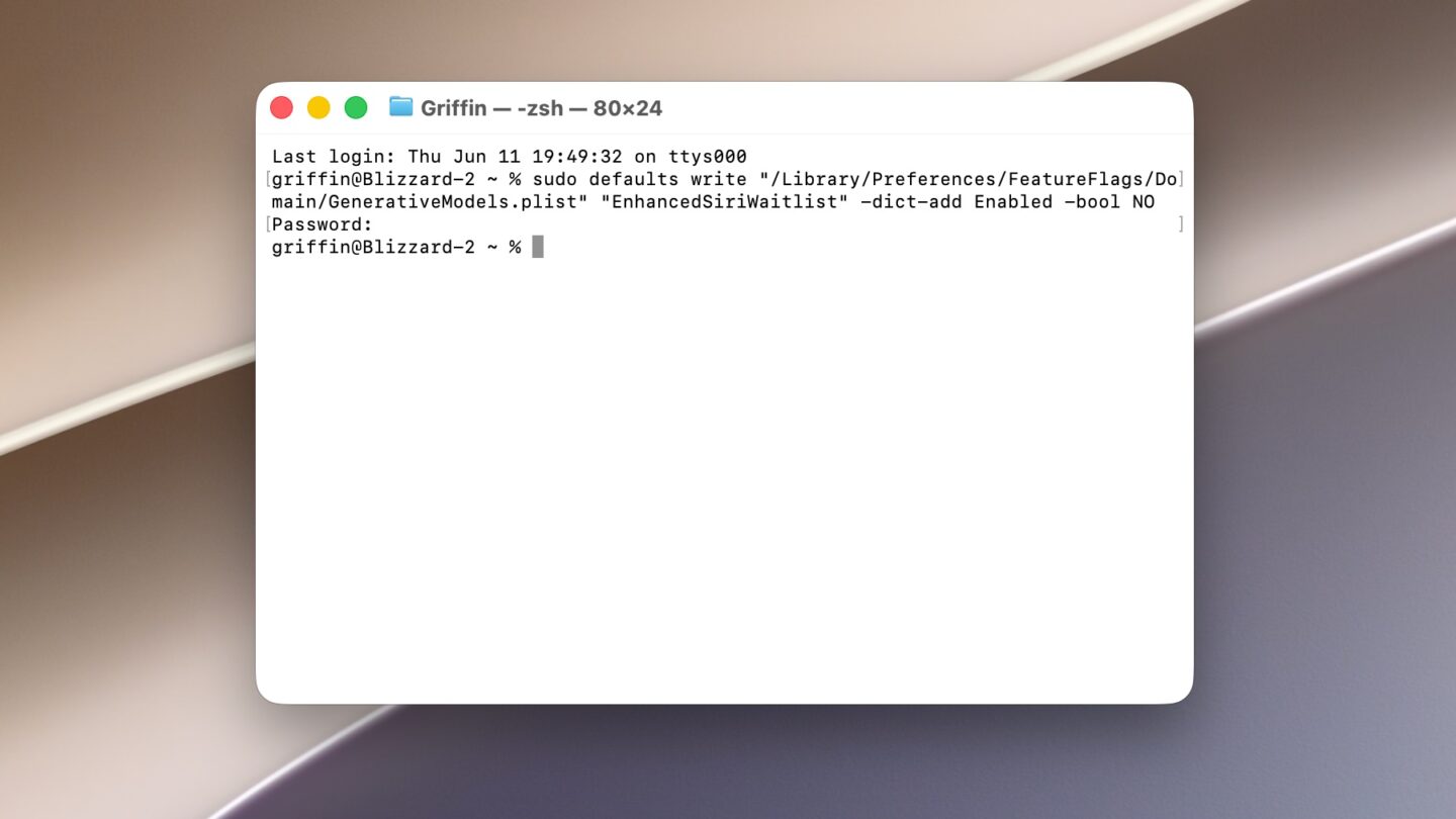 Terminal Command Pasting the Terminal command to enable Siri AI on macOS Golden Gate