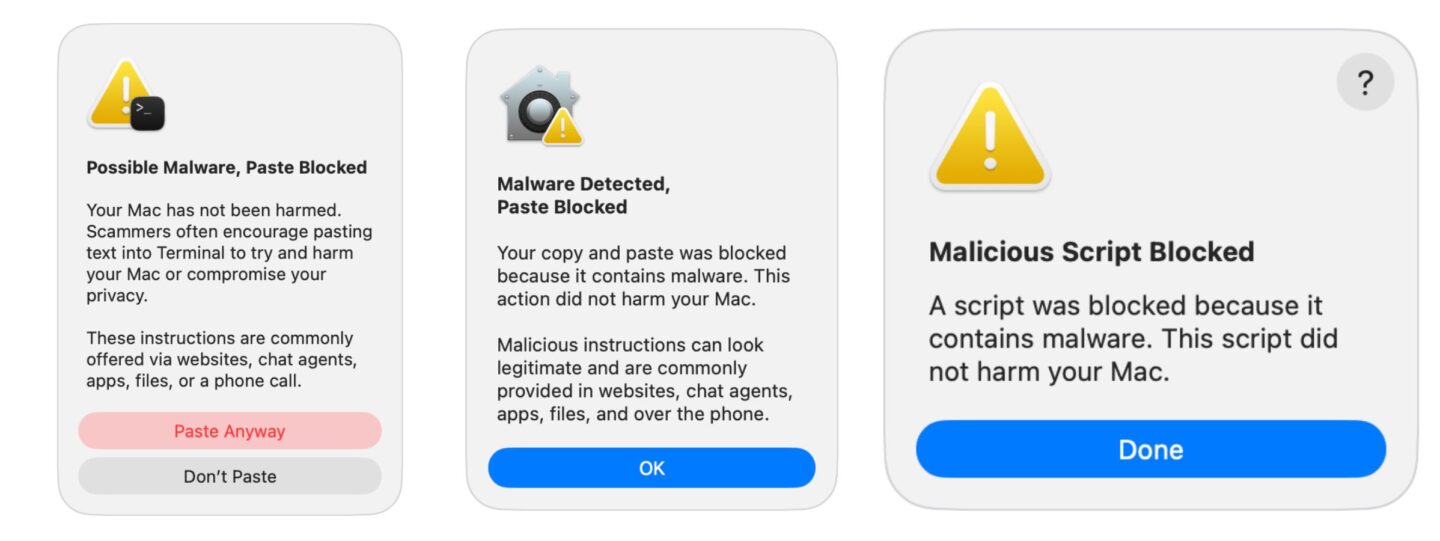 Terminal macOS (2) Screenshots showing macOS will show these alerts when you try to run pasted Terminal commands.