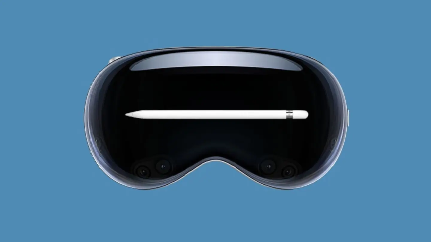 A photo of the Apple Vision Pro with an Apple Pencil.