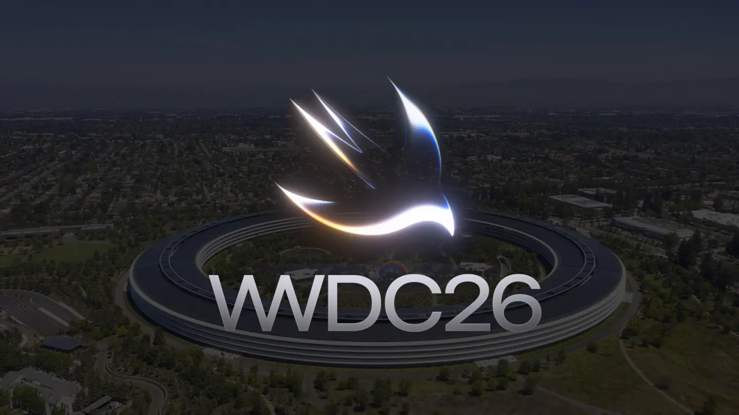 WWDC26 graphic over a photo of Apple Park