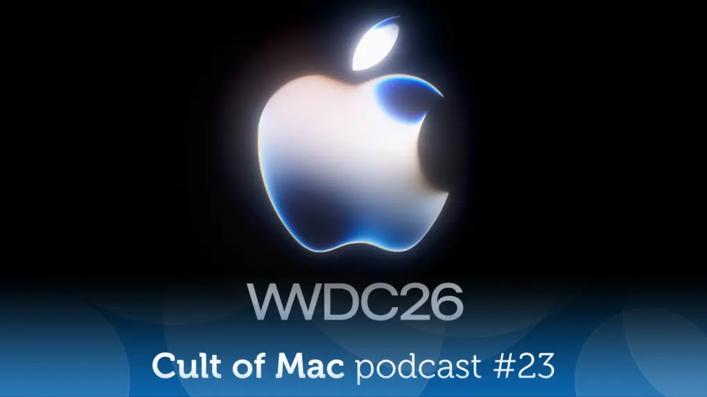 A glowing Apple logo floating above a stage, with the words 