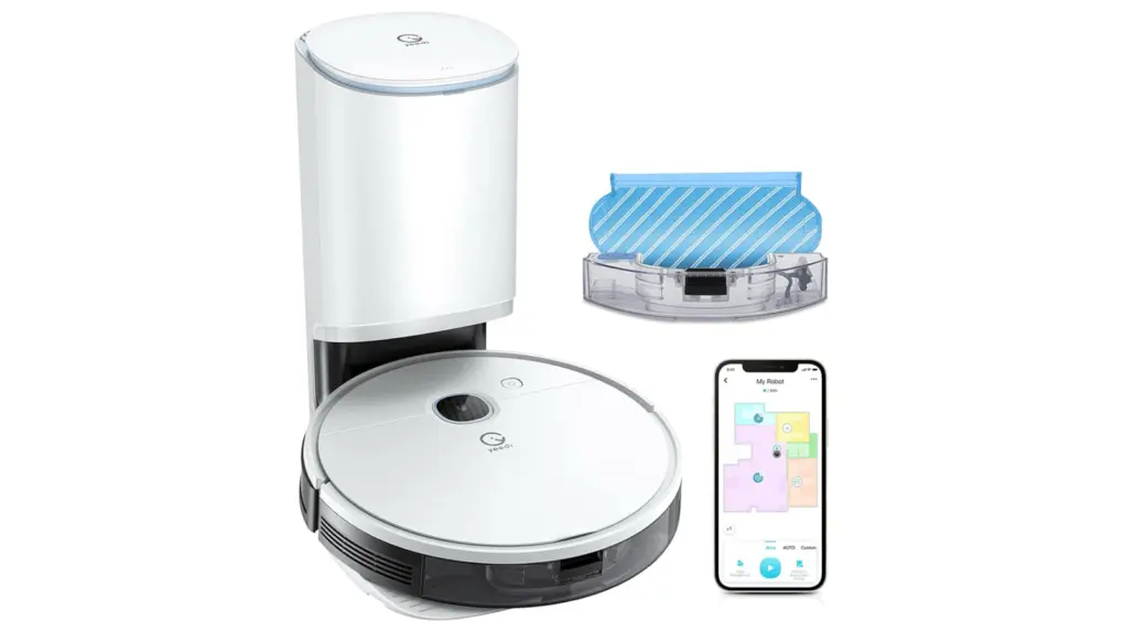 Product shot showing Yeedi Vac Station K781+ robovac with iPhone app.