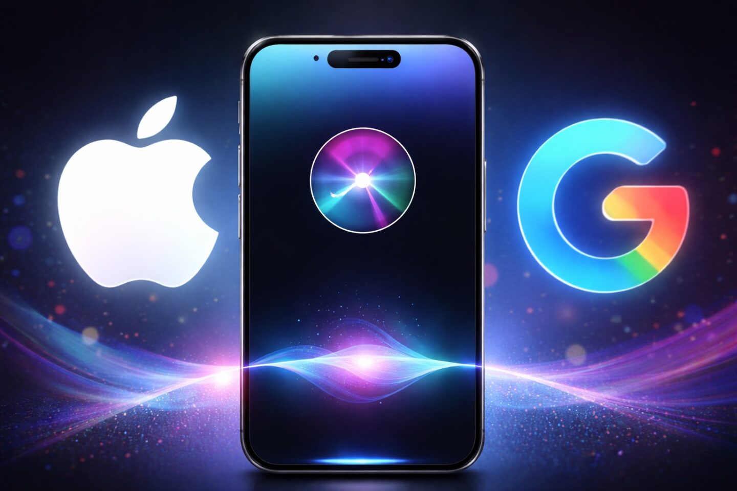 Gemin siri A photo of an iPhone in between an Apple and a Google logo.