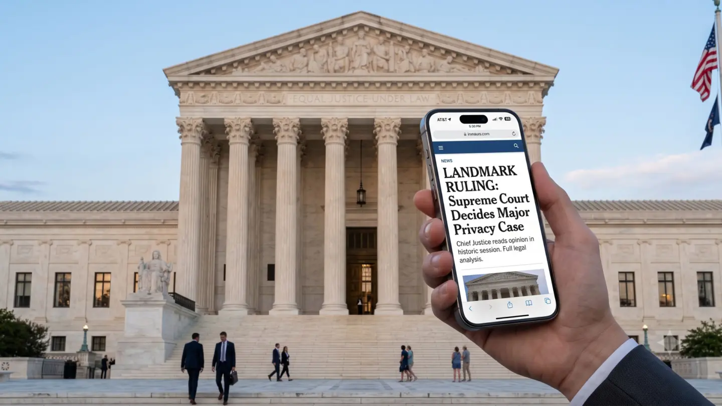 Klick für Vollbild-Ansicht 🔍 An AI generated photo of the US Supreme Court with a person using an iPhone.