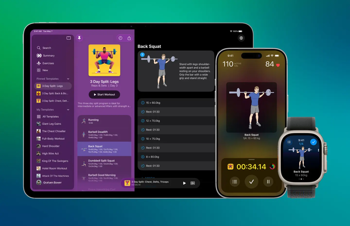 Image showing an iPad, an iPhone and an Apple Watch, all running strength-training app Reps & Sets, displaying the same exercise.