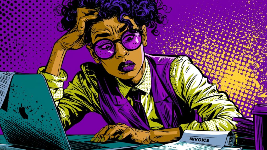 Comic book-style image of a stressed-out woman pulling her hair out as she struggles to create invoices on a MacBook without AI Invoice Maker
