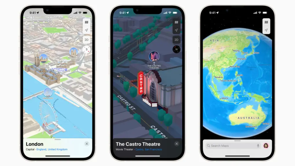 Three iPhone screenshots of Apple Maps used in a story about restrictions on ads in the navigation app.