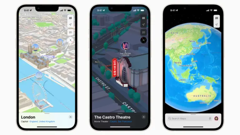 Three iPhone screenshots of Apple Maps used in a story about restrictions on ads in the navigation app.