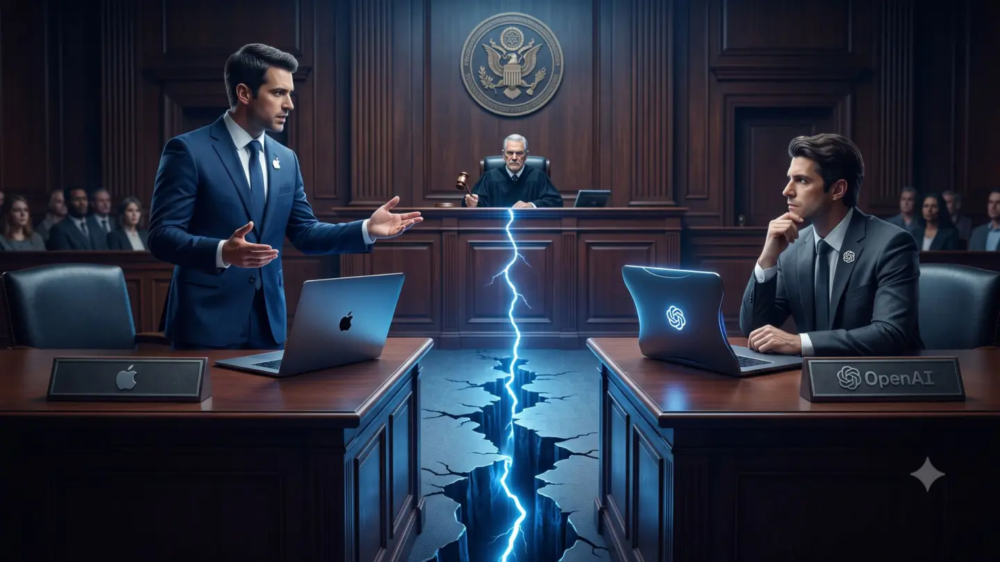 An AI-generated image depicting Apple and OpenAI resolving dispute in the court of law.