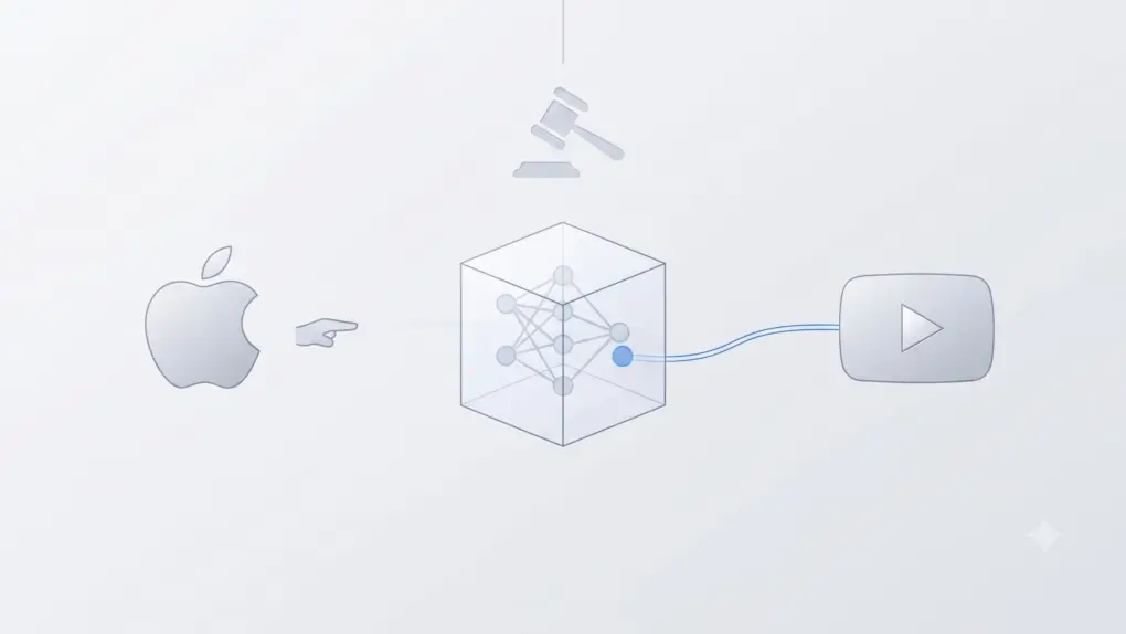 An AI generated image with Apple and YouTube logo used in a story about Apple's reponse to lawsuit filed by three YouTubers.