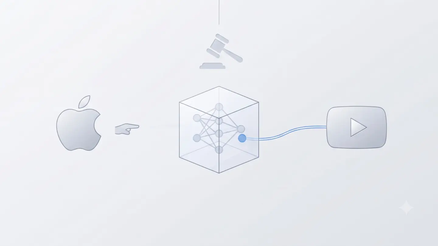 An AI generated image with Apple and YouTube logo used in a story about Apple's reponse to lawsuit filed by three YouTubers.