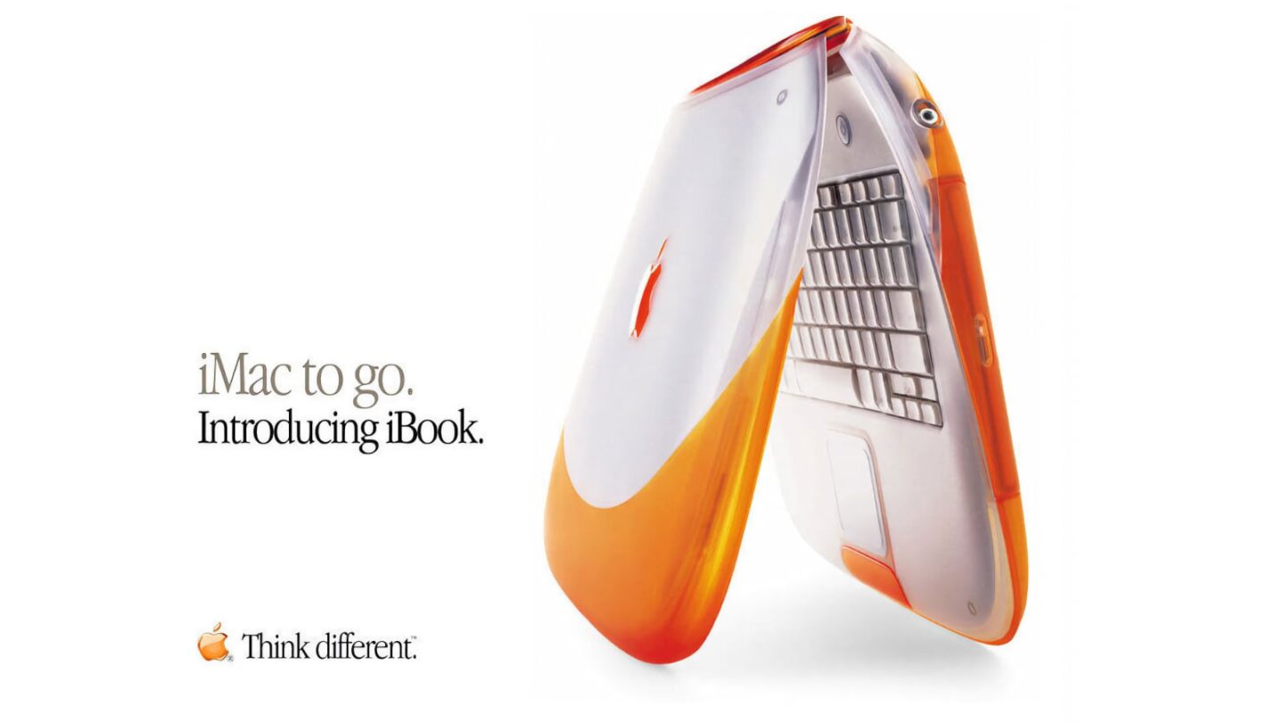 Apple iBook iMac to go ad An Apple iBook ad with copy that reads, "iMac to Go. Introducing iBook," along with the company's "Think different" slogan, from the late 1990s.