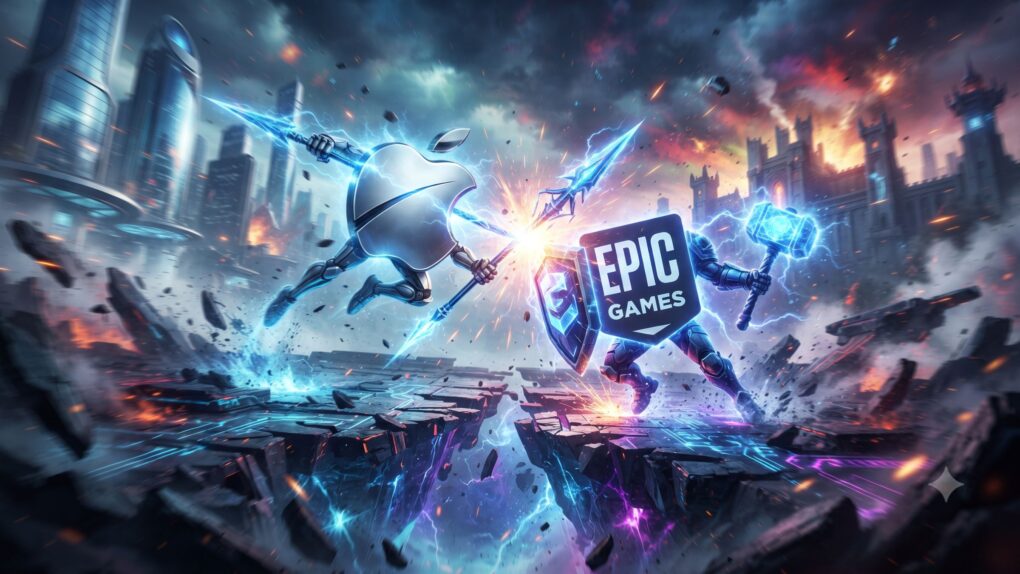 An AI generated image of the Apple v Epic case used in a story about the two companies now heading to the Supreme Court.