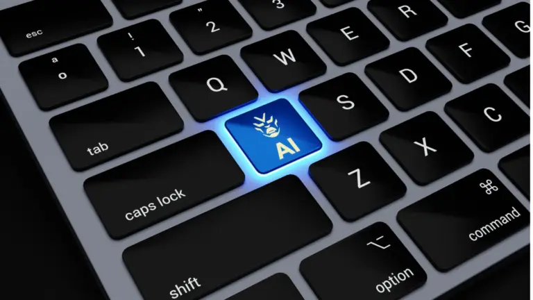 Image of a MacBook keyboard with a glowing blue AI key