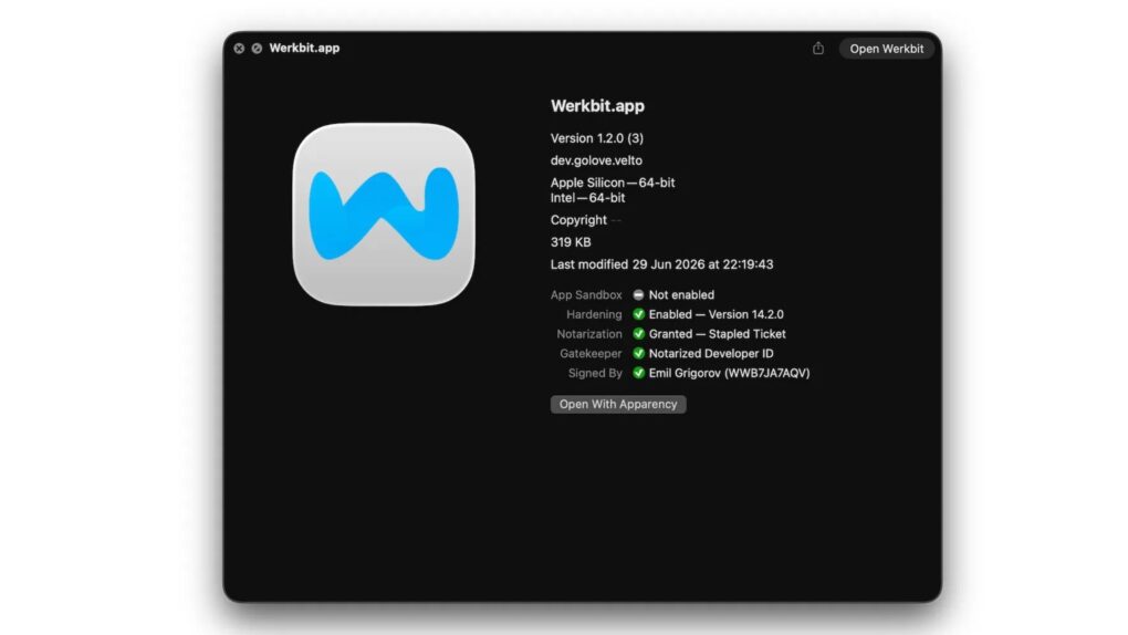 A screenshot of the Werkbit app CrashStealer malware running on macOS.