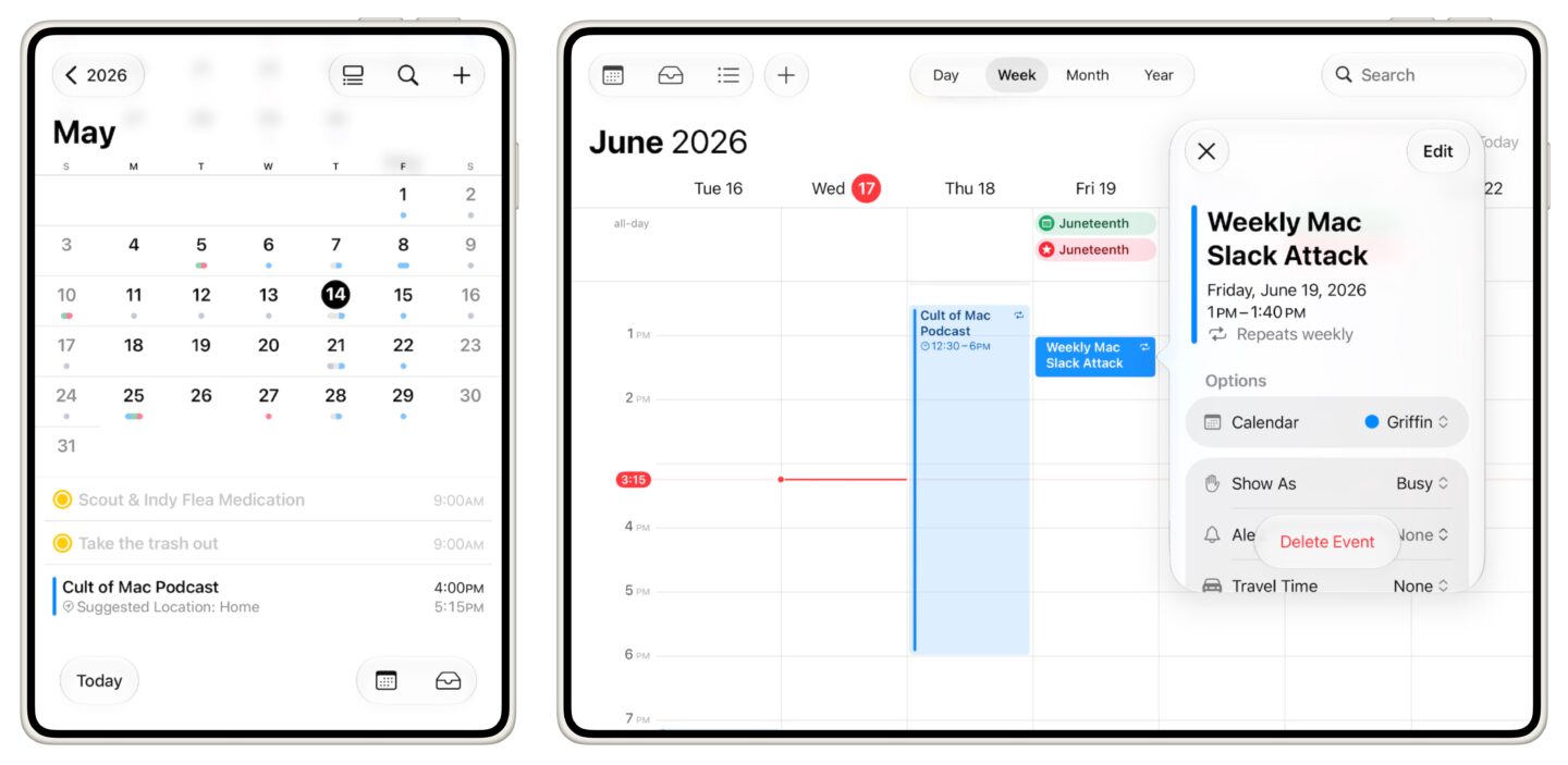 Folding iPhone Calendar Calendar app simulated at folding iPhone size: the split month view and a weekly view