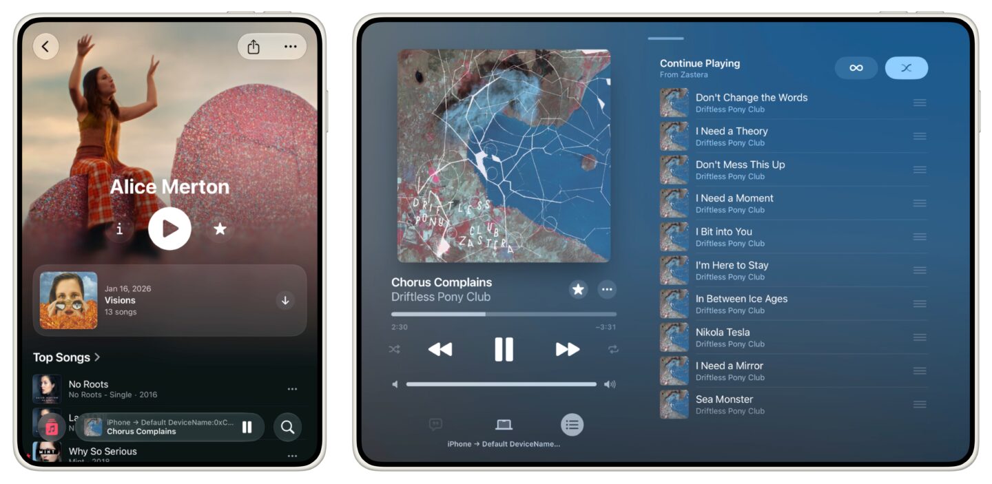 Folding iPhone Music Music app simulated at folding iPhone size: an artist page and the Now Playing screen.