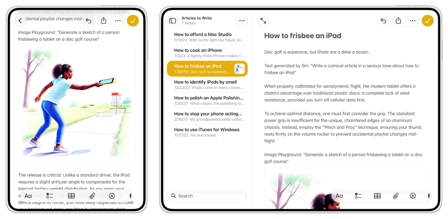 Folding iPhone Notes Notes app simulated at folding iPhone size: editing a note, and the split view of notes