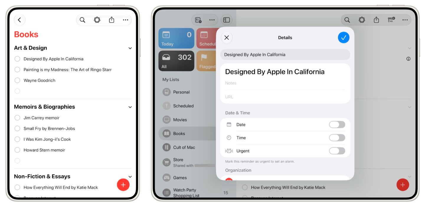 Folding iPhone Reminders Inspector Reminders app simulated at folding iPhone size: a list of reminders, the split view list on the right, and an Info panel