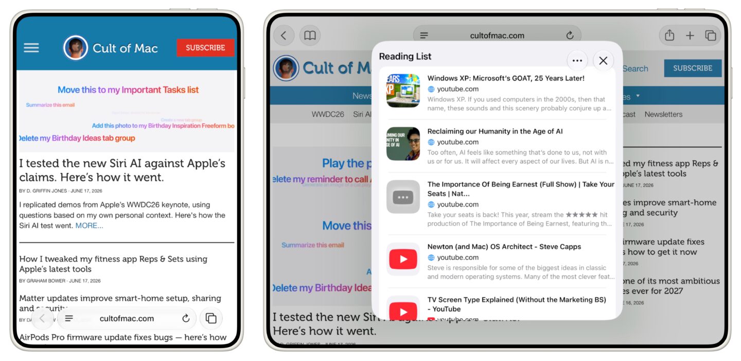 Folding iPhone Safari Safari app simulated at folding iPhone size: a full-size webpage with a popup showing a Reading List