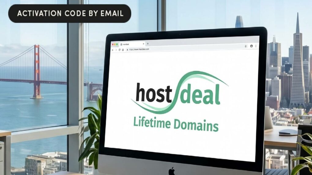 Hostdeal lifetime domain names deal advertisement on n iMac with text overlay