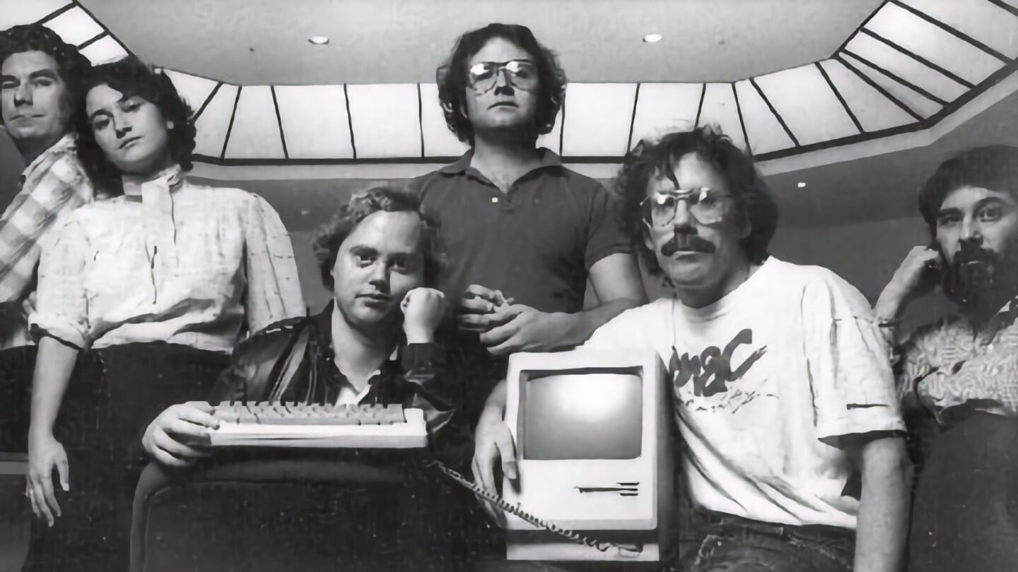 Photo of Joanna Hoffman and the rest of the official Mac Design Team, taken in Bandley 3 building in 1983.