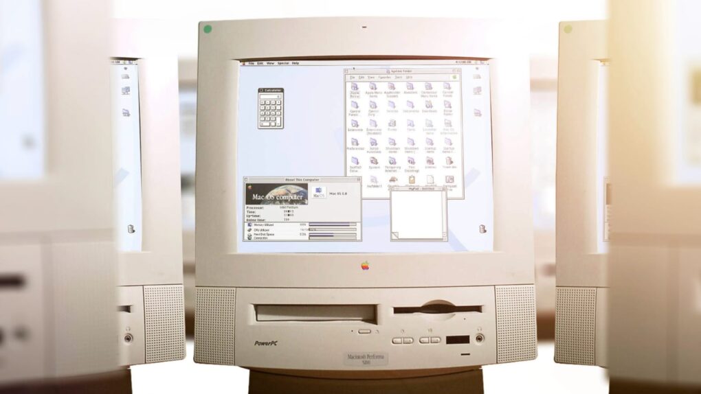 An image of a PowerPC Mac running Mac OS 8, with multiple Macs surrounding it, used to illustrate a story about the operating system's launch