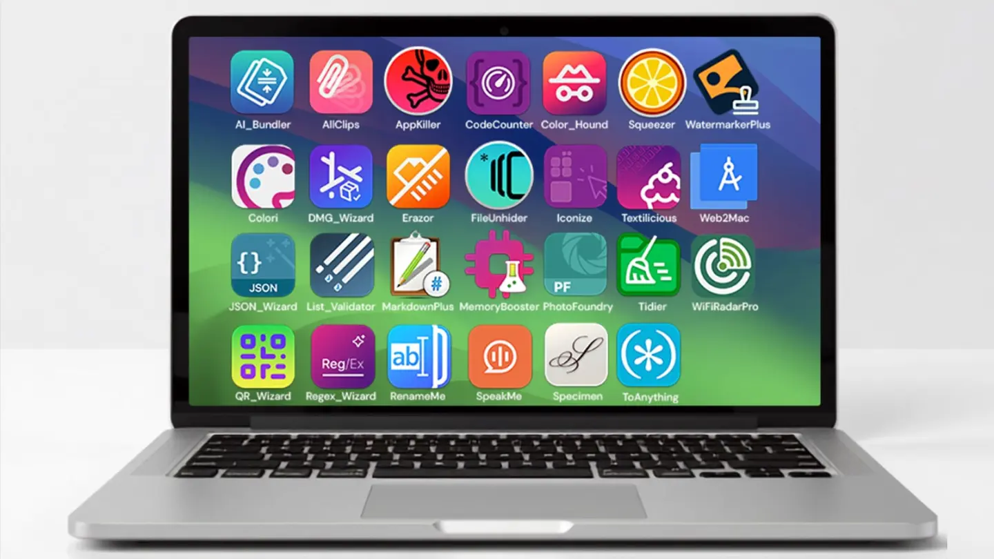 Image of a MacBook showing icons from The 27-App Lifetime Mac Bundle on its screen