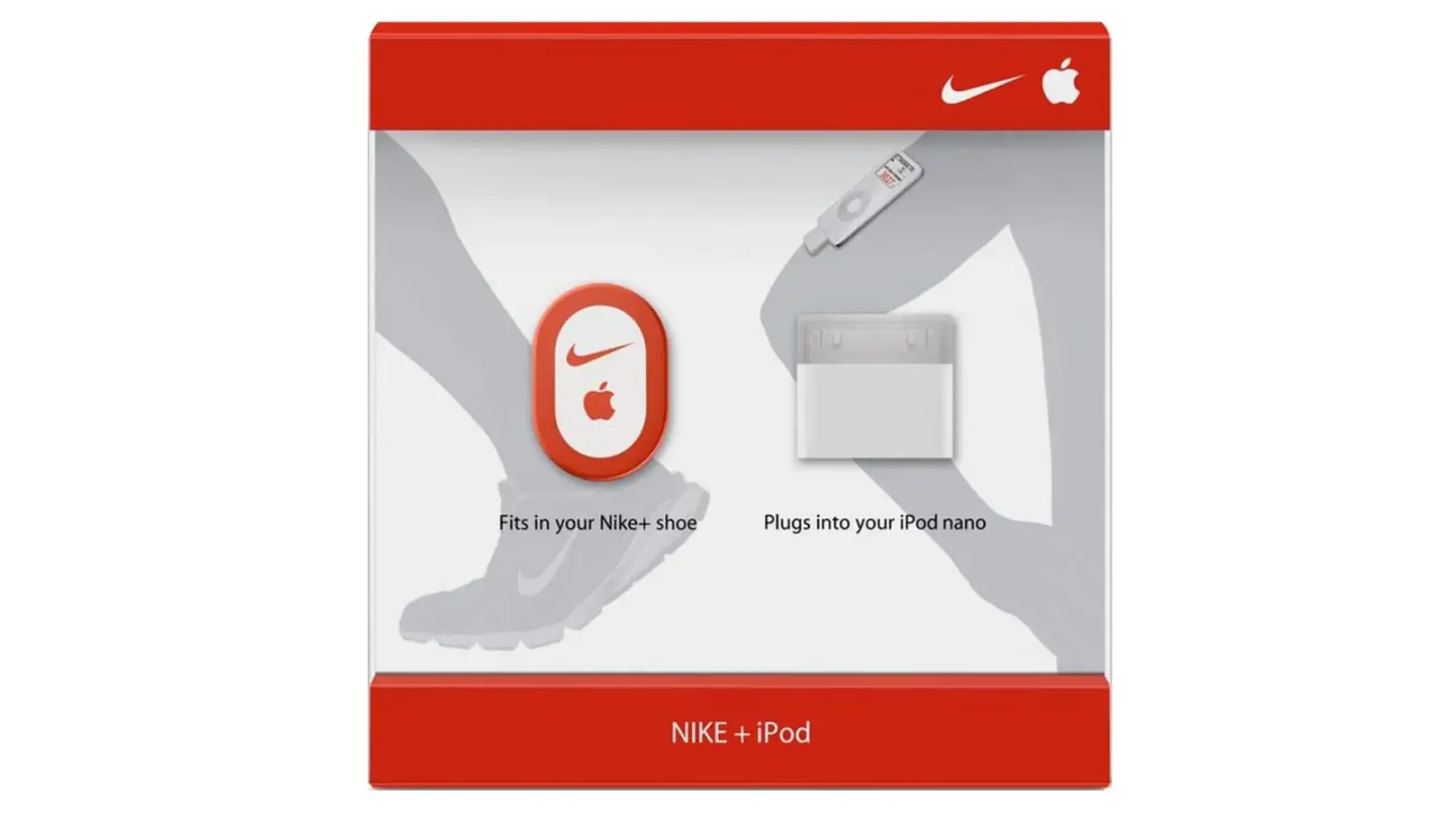 Promotional image for Nike+iPod Sports Kit, a fitness-tracking device that paired a pedometer a Nike shoe with Apple's popular music player.