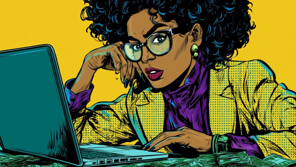 Illustration of a woman in a business clothing using a computer to access Prosper financial literacy course.