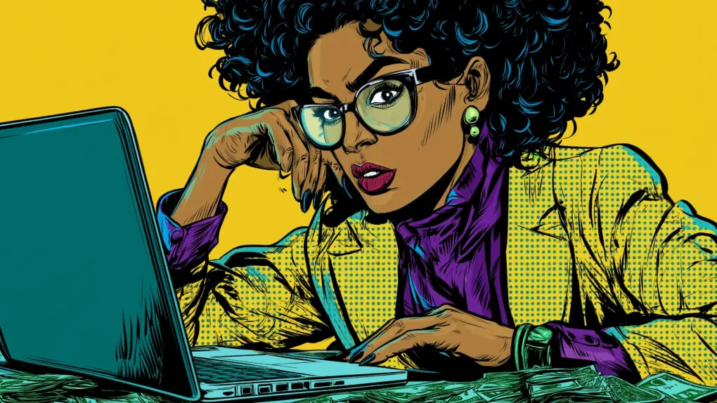 Illustration of a woman in a business clothing using a computer to access Prosper financial literacy course.