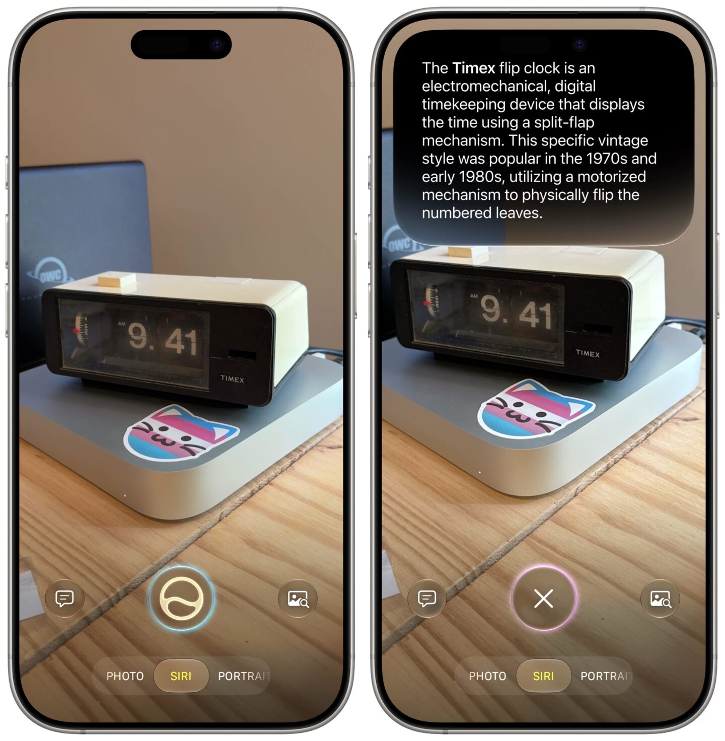 Visual Intelligence Camera Siri Mode Visual Intelligence in the Camera app describing a Timex flip clock, which is sitting on top of a Mac mini with a trans pride sticker 🏳️⚧️