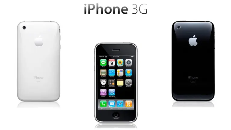 Marketing image of the iPhone 3G showing the black and white models from the back as well as the front screen, used to illustrate a story about the iPhone 3G launch