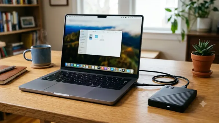 An AI-generated image of a laptop with an external hard disk connected to it.
