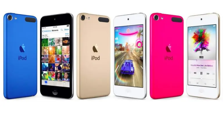 Promotional image showing six images of the sixth-generation iPod touch, used by Apple at the product's launch