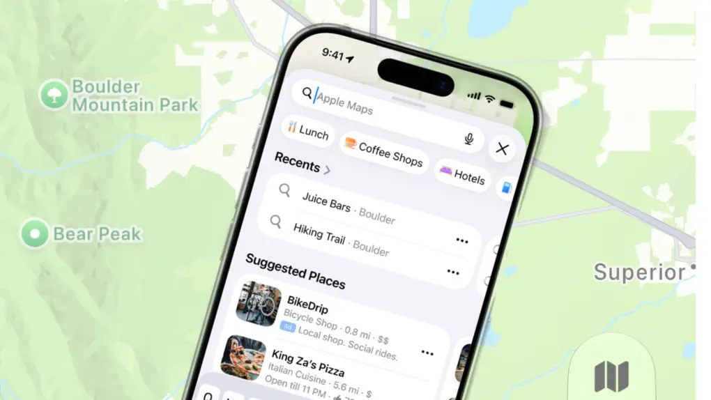 Apple labels advertisements with a small blue “Ad” badge in Maps search results.