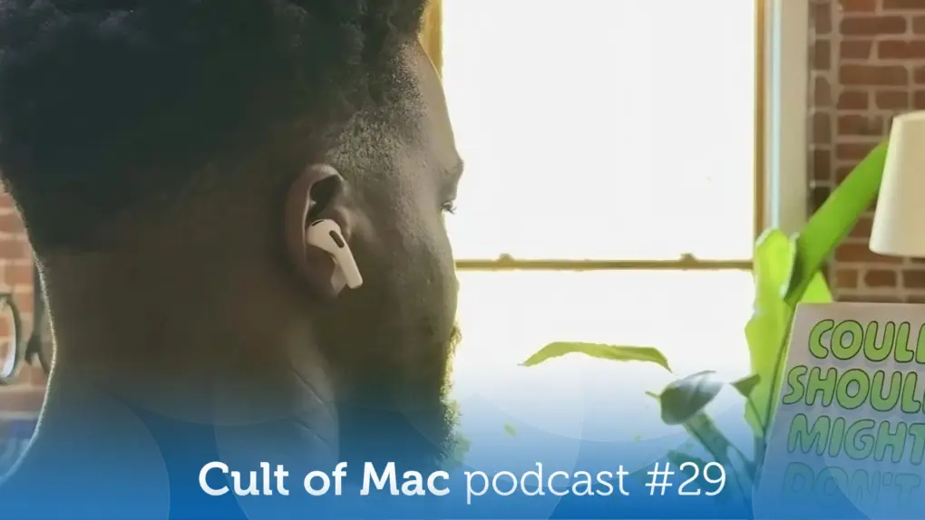 Screenshot from Apple demo video of AirPods with cameras, with the words 