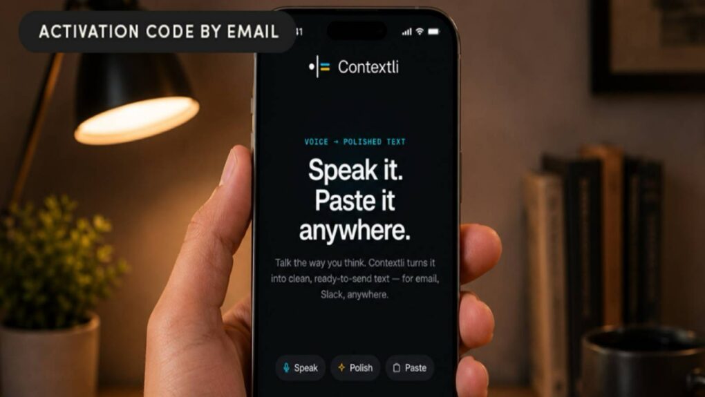 Photo showing Contextli dictation on an iPhone held by a hand