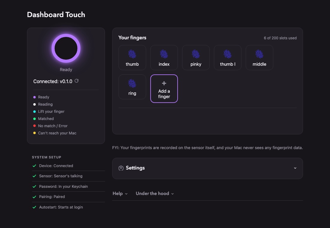 Dashboard Touch software Screenshot showing Dashboard Touch's web interface for configuring the DIY Touch ID hack