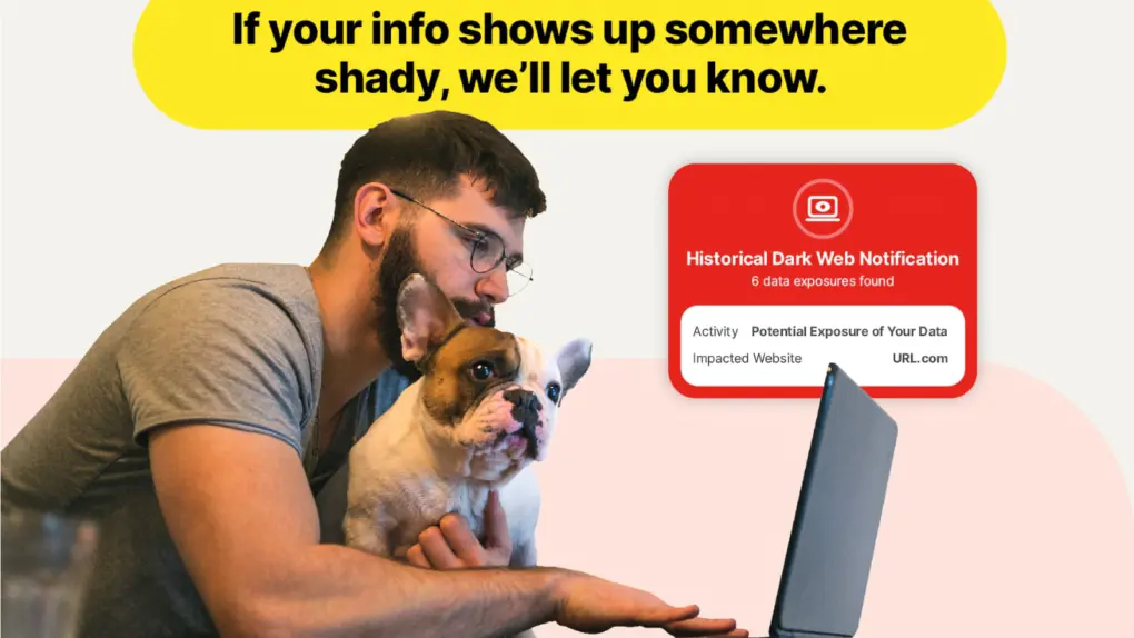 A man with a dog uses a laptop, with text overlay about LifeLock Core features